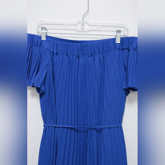 Maggy London Size 10 Blue Pleated Off The Shoulder High-Low Midi Dress A-Line - Picture 13 of 16
